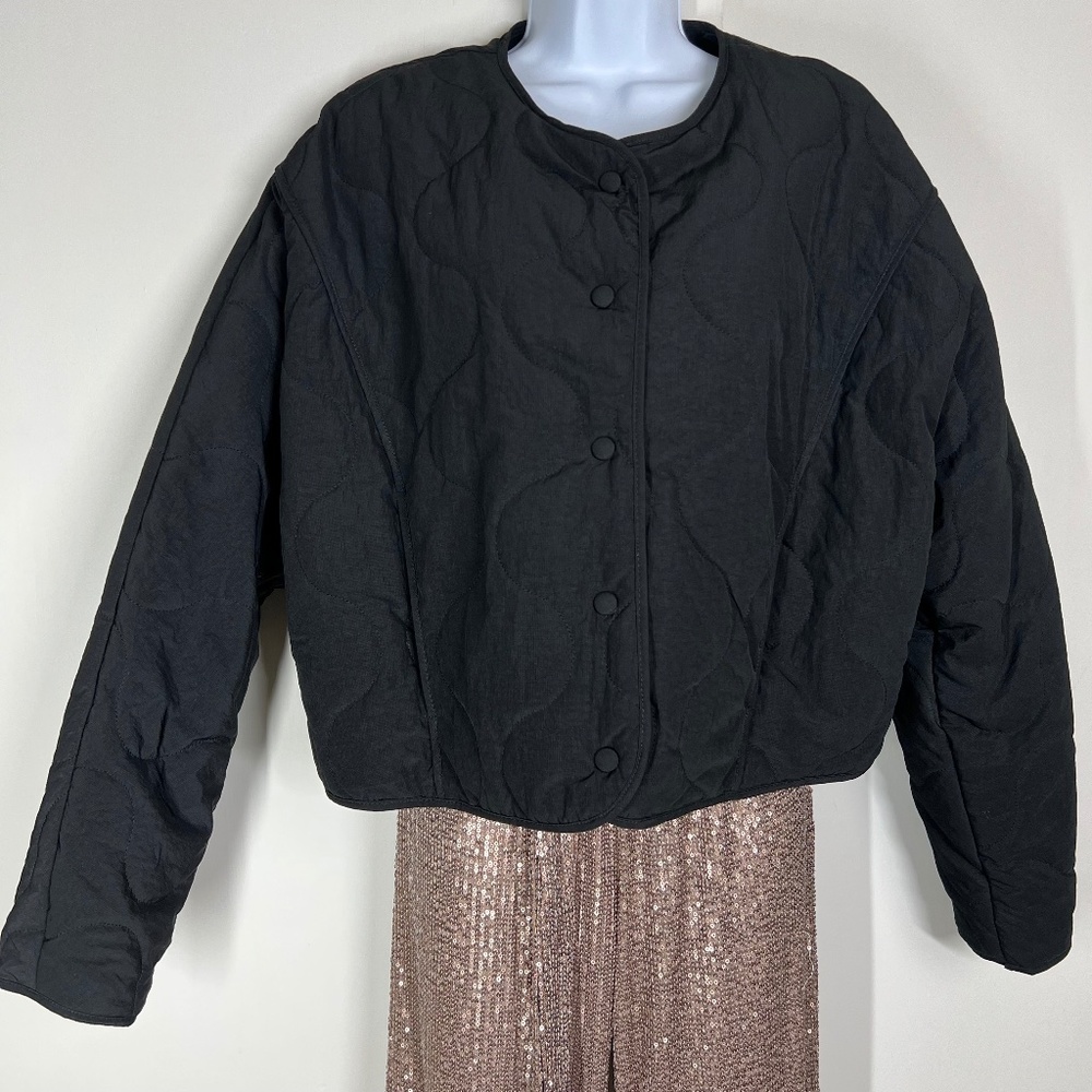 Zara Quilted Bat Wing Button Front Cropped Black Jacket, L